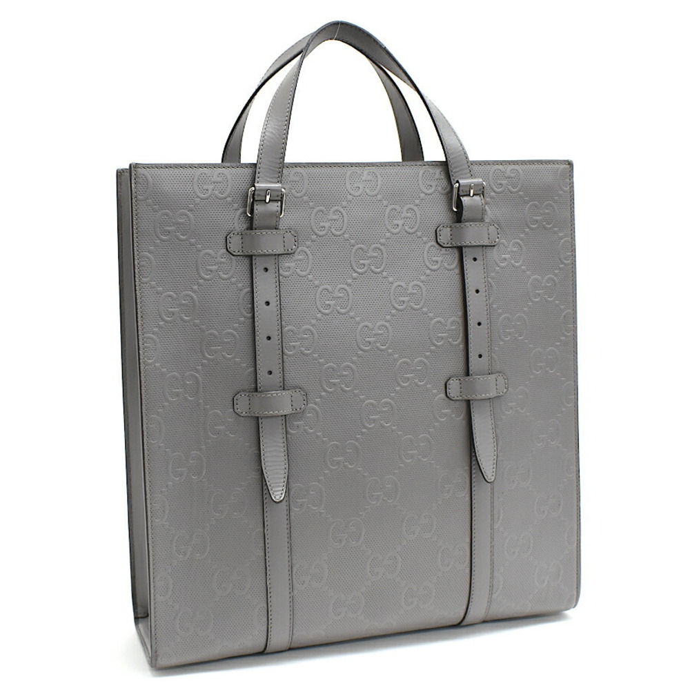 Gucci Tote Bag GG Embossed Leather Gray